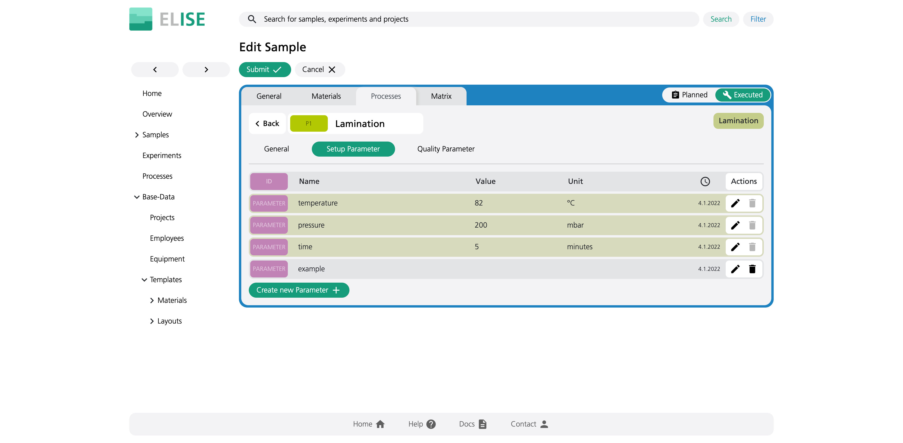 Screenshot ELISE sample edit process parameter